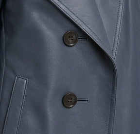 Blue Leather Trench Coat &amp; Black Wide-Leg Pants