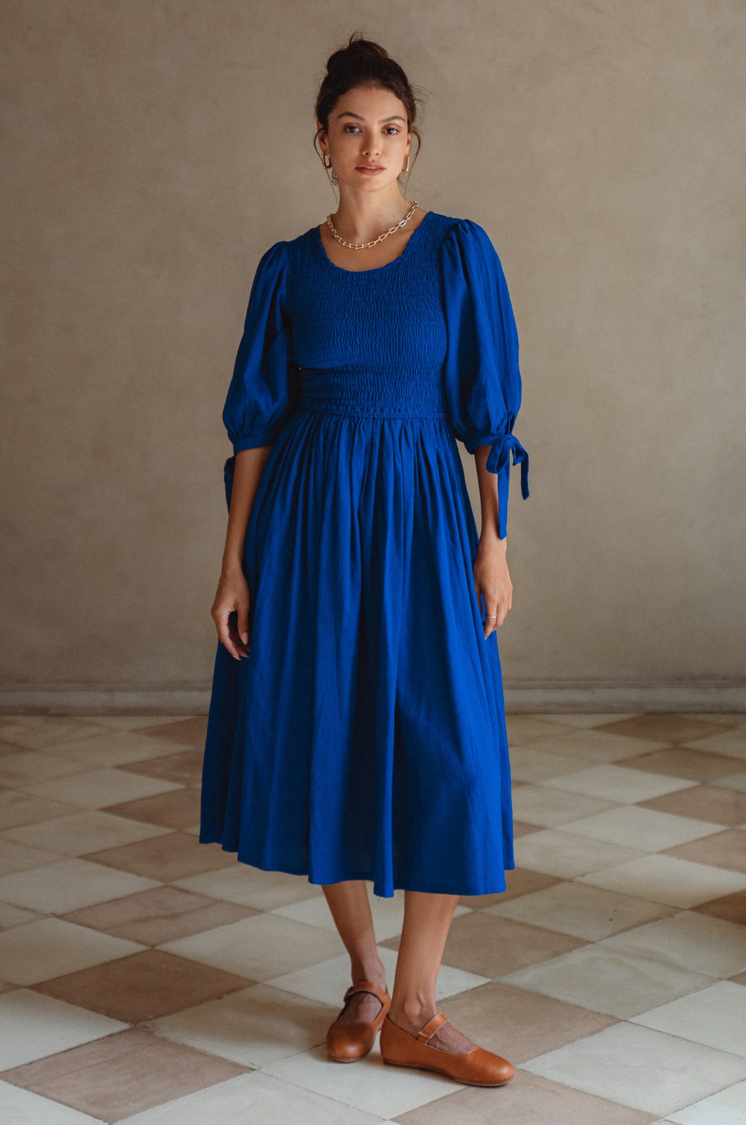 Freya Smocked Linen Midi Dress - Sapphire