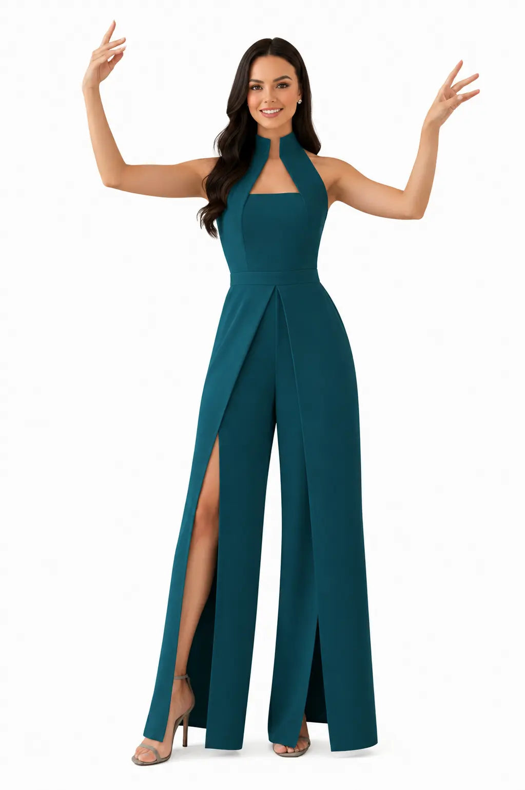 Teal High-collar Slit-leg Jumpsuit