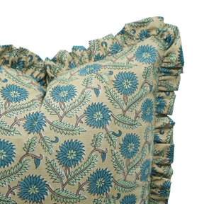 Handmade Blue Floral Block Print Linen Blend Pillow Cover - Swarna