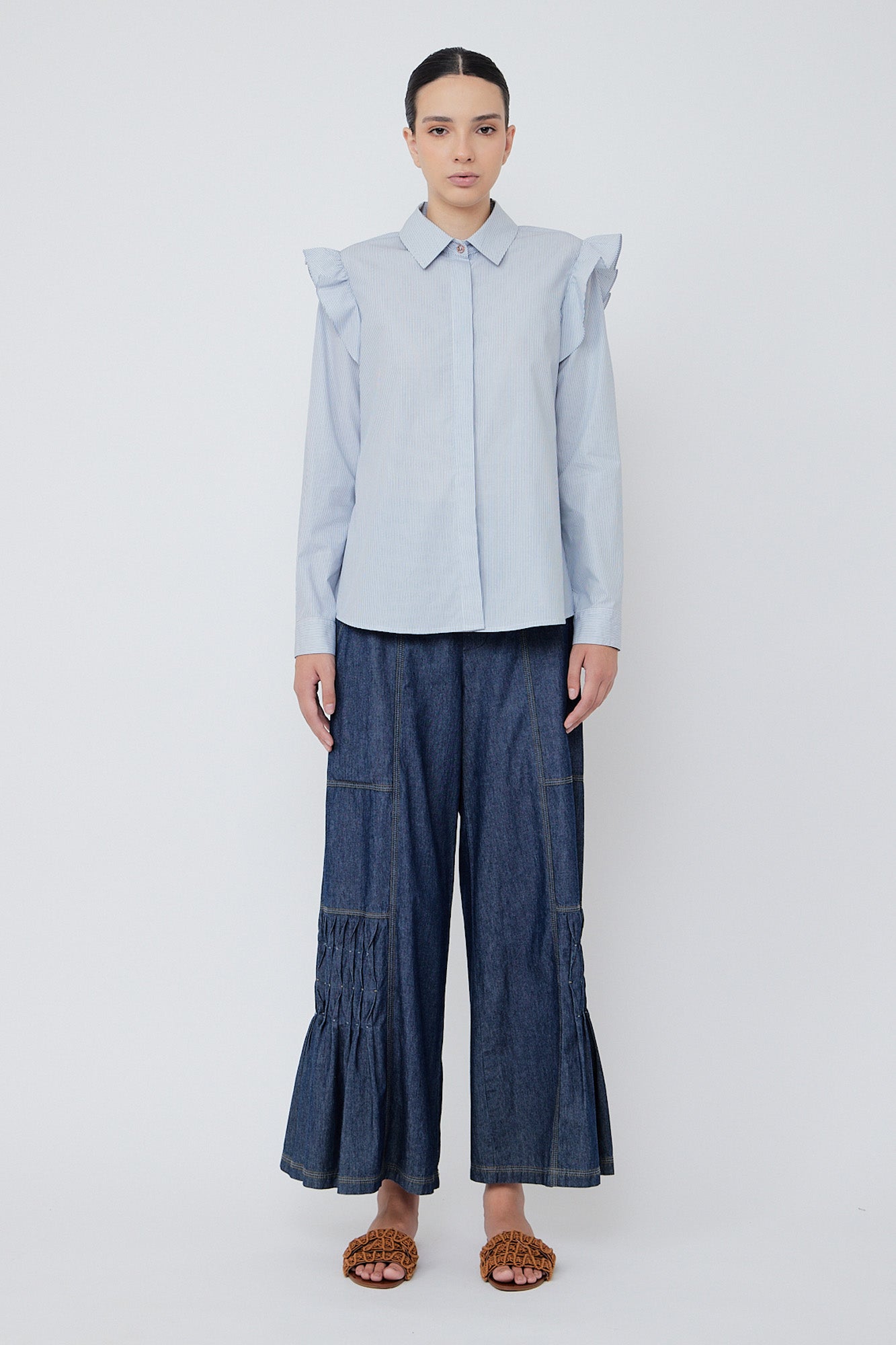 Bobi Ruffle Detail Striped Blouse