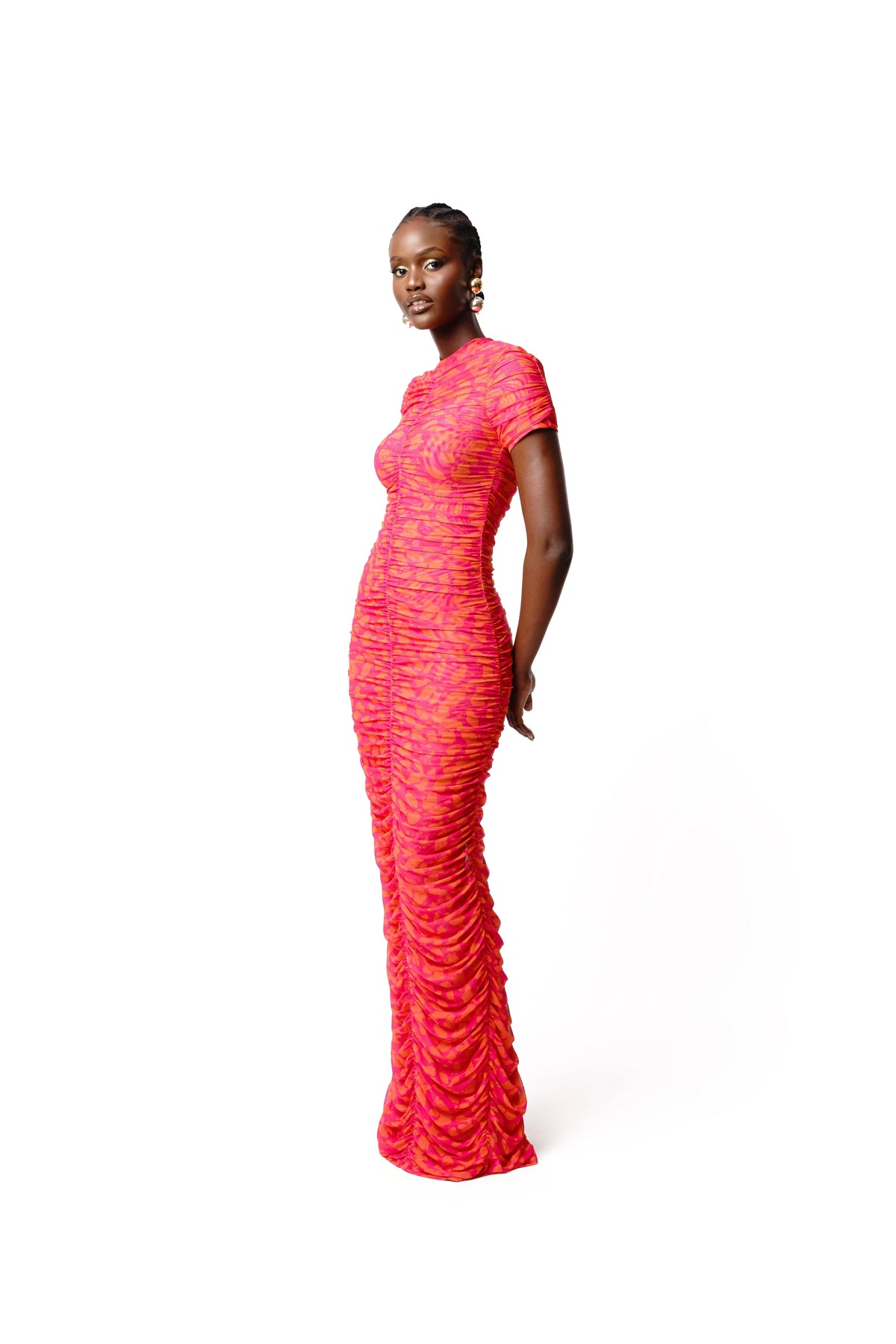 RAYE RUCHED MAXI MESH DRESS