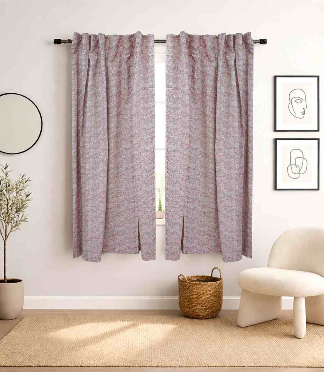 Floral Block Print Viscose Linen Curtain - Haridwar Gray and Pink Handcrafted Window Drape