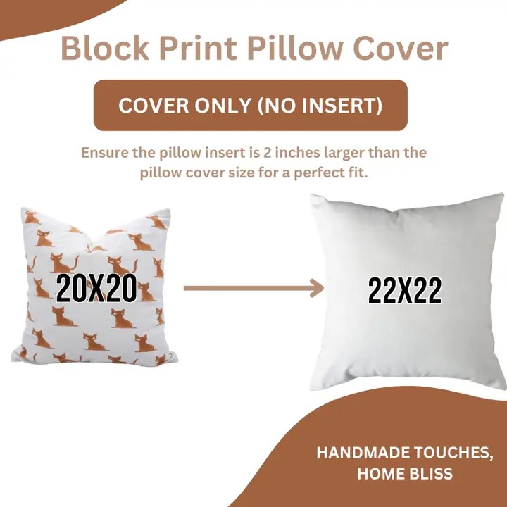 Unique Hand-Carved  Block Print Thick Cotton White Pillow Cover  - Cat