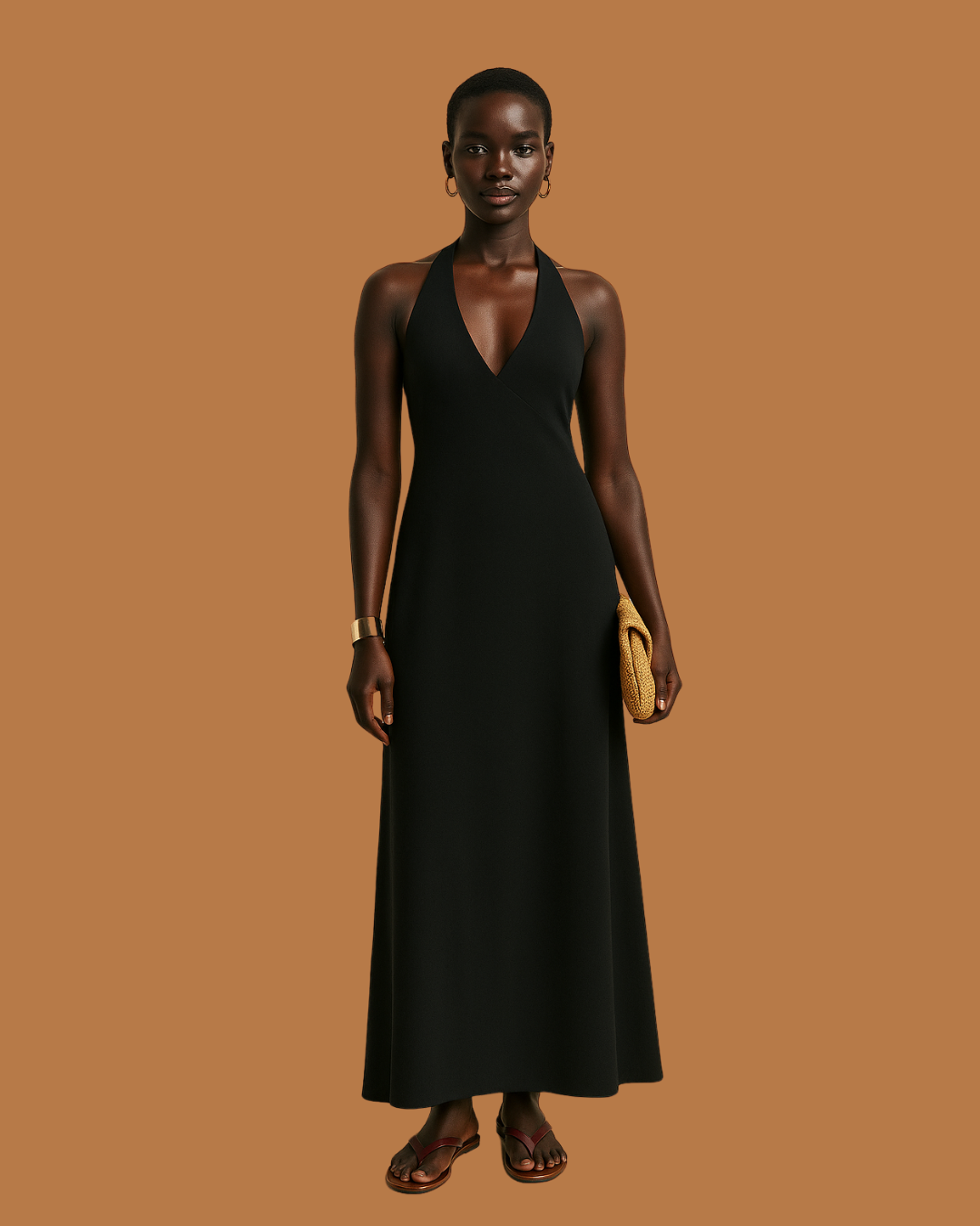 Sable Halter Maxi – Black Linen Evening Dress with Plunge Neck