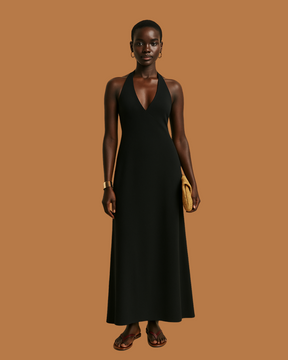 Sable Halter Maxi – Black Linen Evening Dress with Plunge Neck