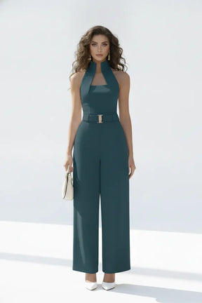 Teal High-collar Jumpsuit – Gold Buckle