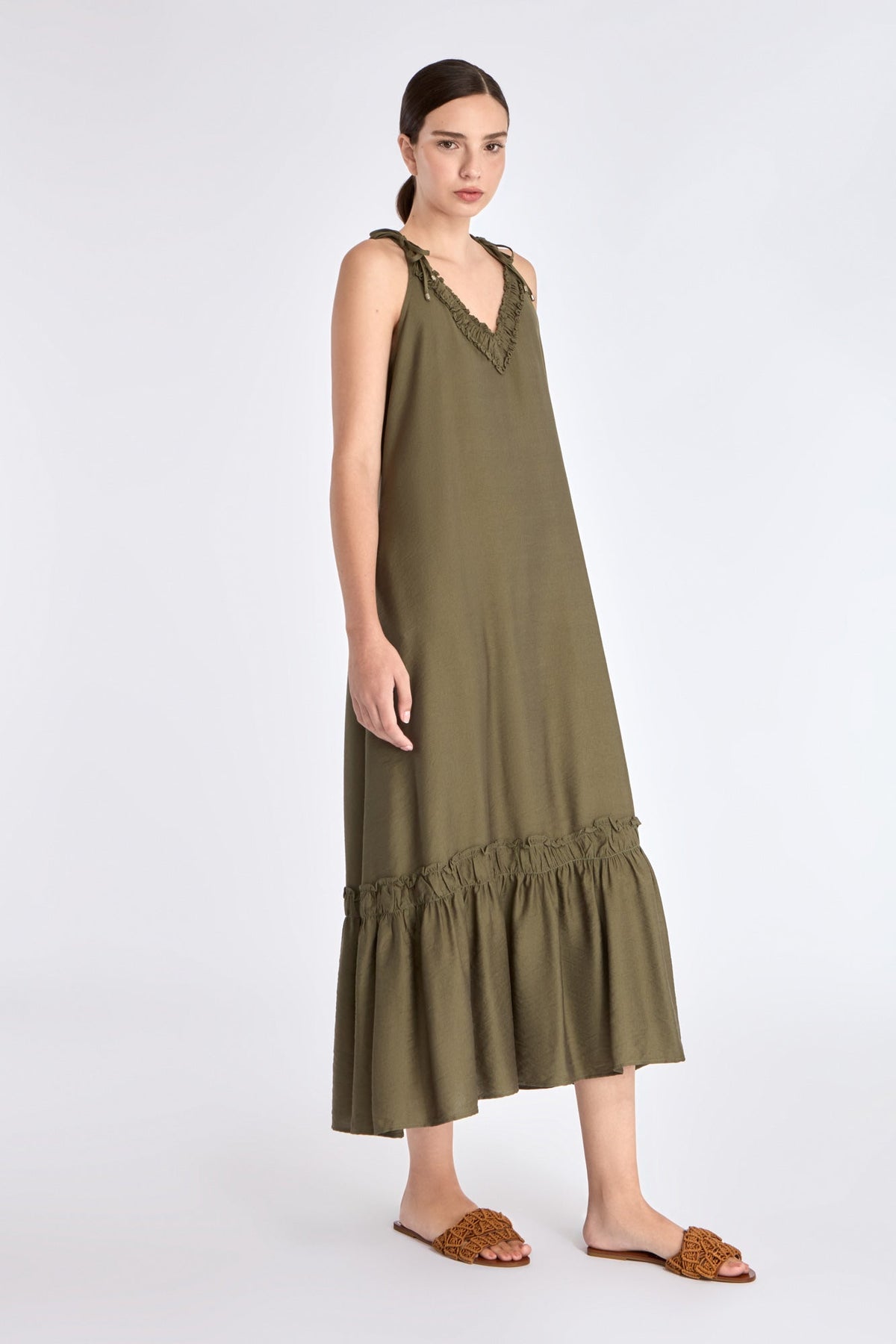 Blake Ruffle Detail Maxi Dress | Olive