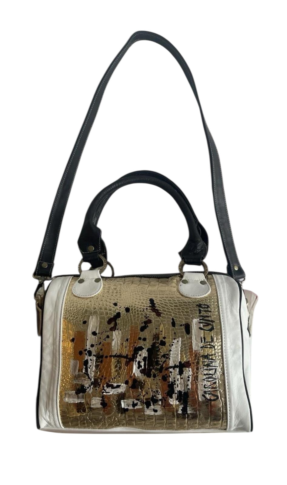 Kanda Luxury Handpainted Leather Handbag in Black, White & Gold
