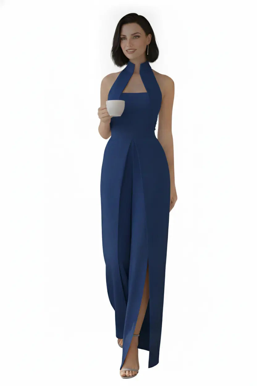Ink Blue High-collar Slit-leg Jumpsuit