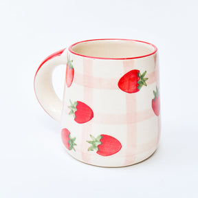 Strawberry Checkered Delight Ceramic Mug - 3.5 x 3 Inches - Set of 4