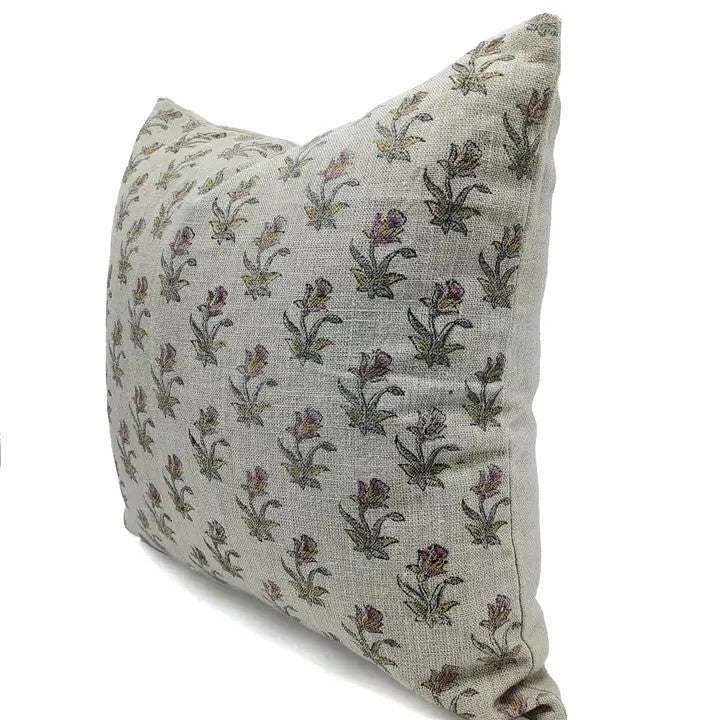 Floral Block Print Thick Linen Cushion Cover -Coastal Tulip