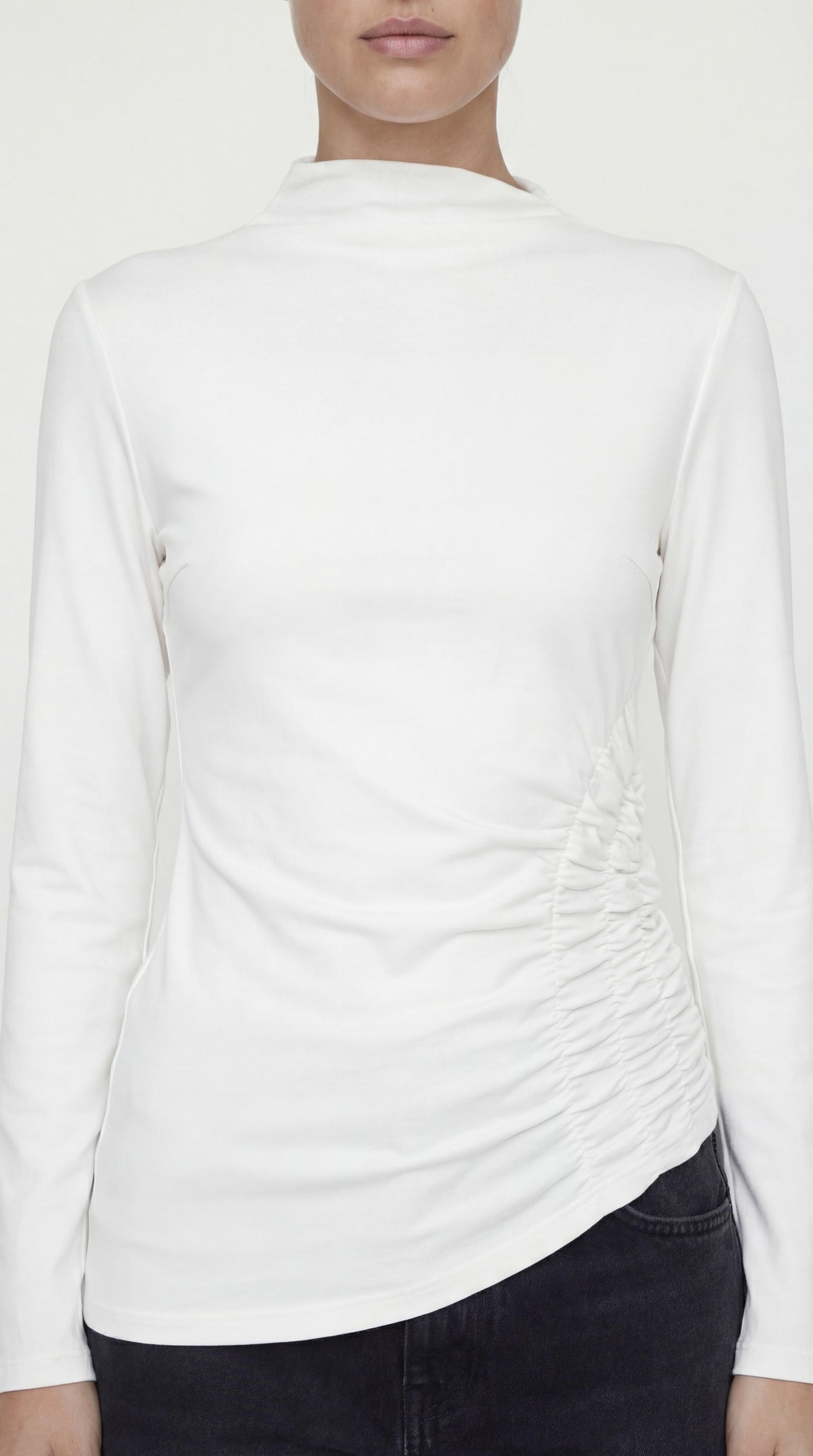Toni Asymmetrical Ruched Mock Neck Top