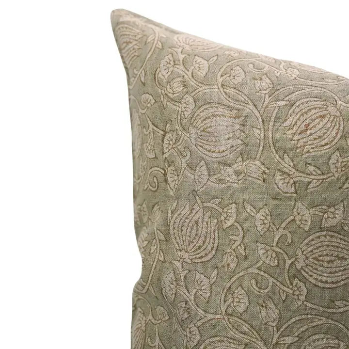 Floral Hand-Carved Unique Hand Block Printed Pure Linen Pillow Cover- 6 Kamal