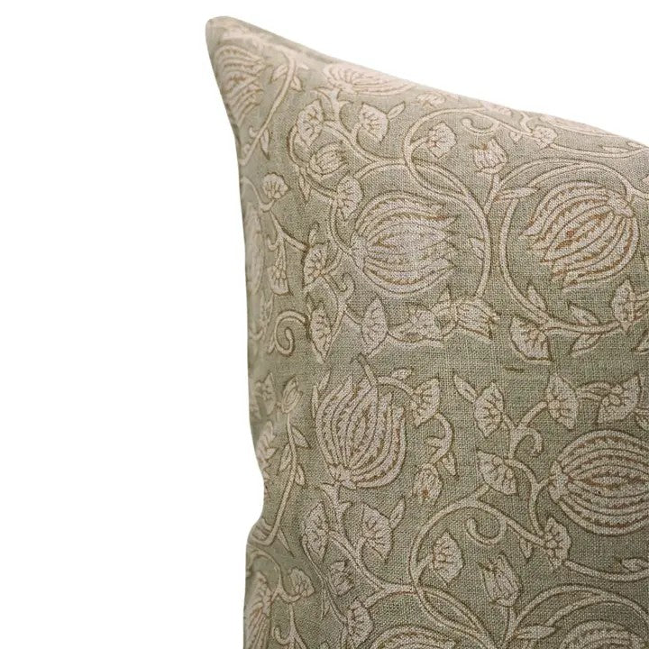 Floral Hand-Carved Unique Hand Block Printed Pure Linen Pillow Cover- 6 Kamal