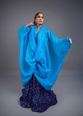 Casablanca blue Twist Top With Maxi Flare Sequin Skirt Set (blue)