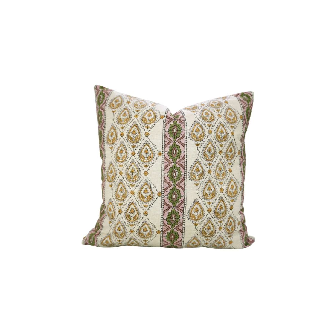 Natural Block Print Linen Blend Pillow Cover - Paan Patti Border