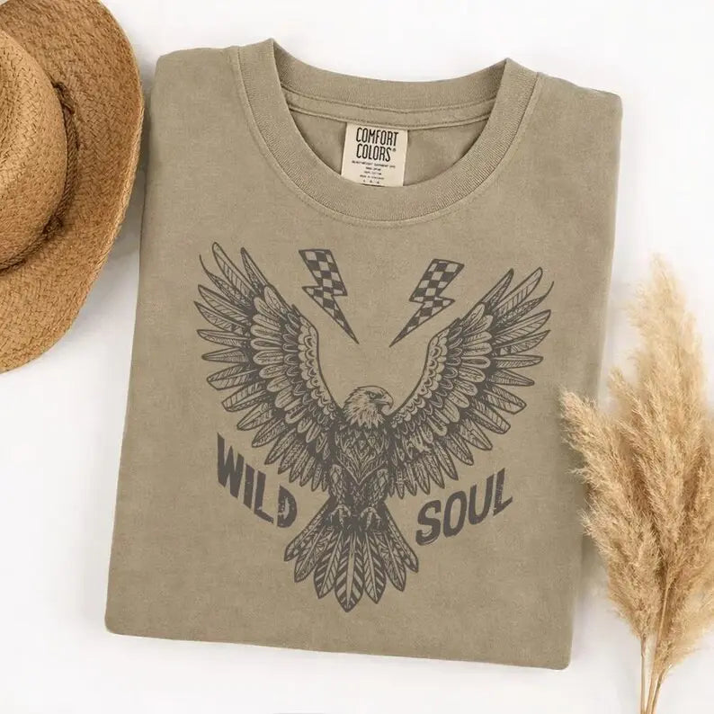 Wild Soul Eagle Lightning Graphic T-Shirt | Vintage Western Khaki Tan Cotton Tee