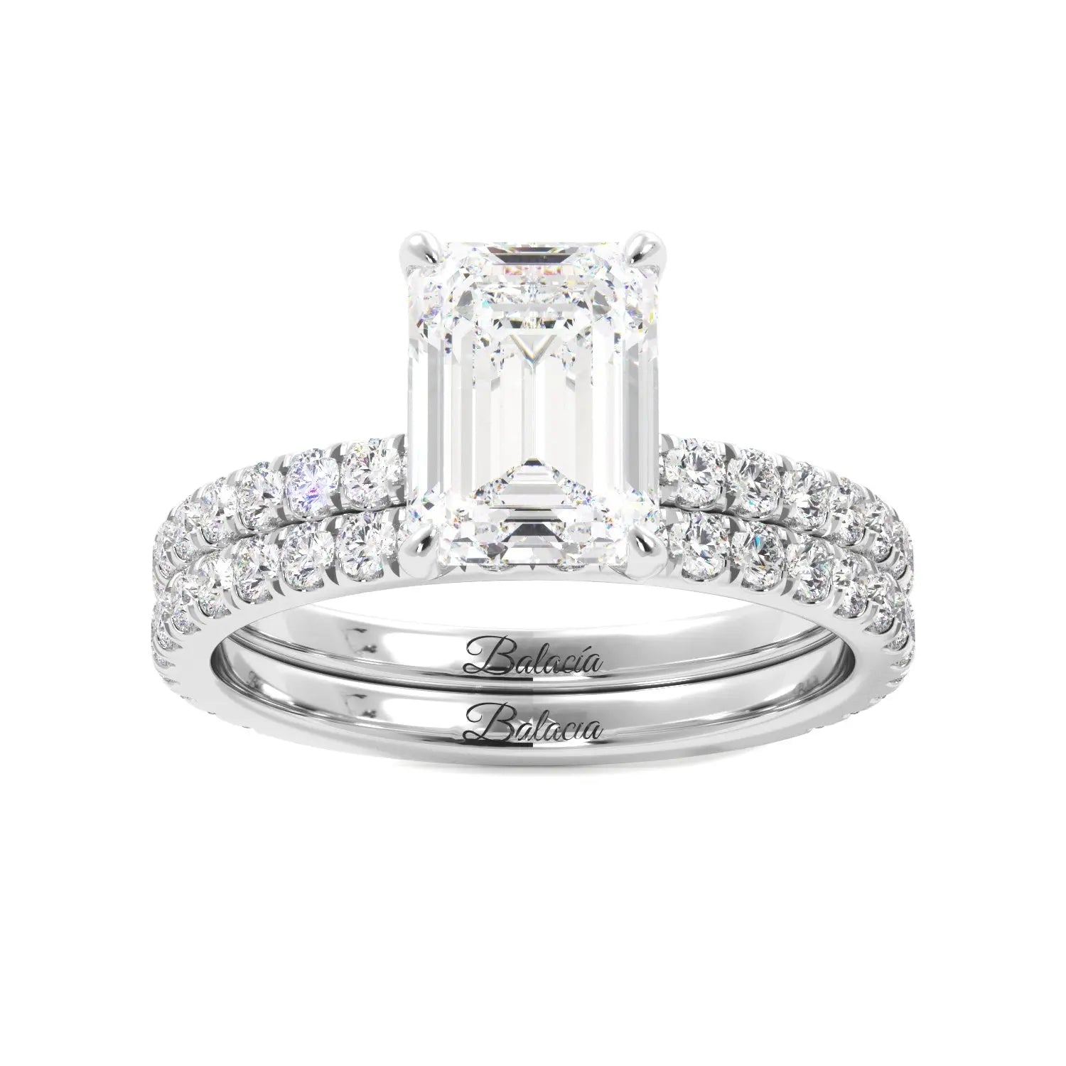 Emerald Cut Hidden Halo Engagement Ring Set