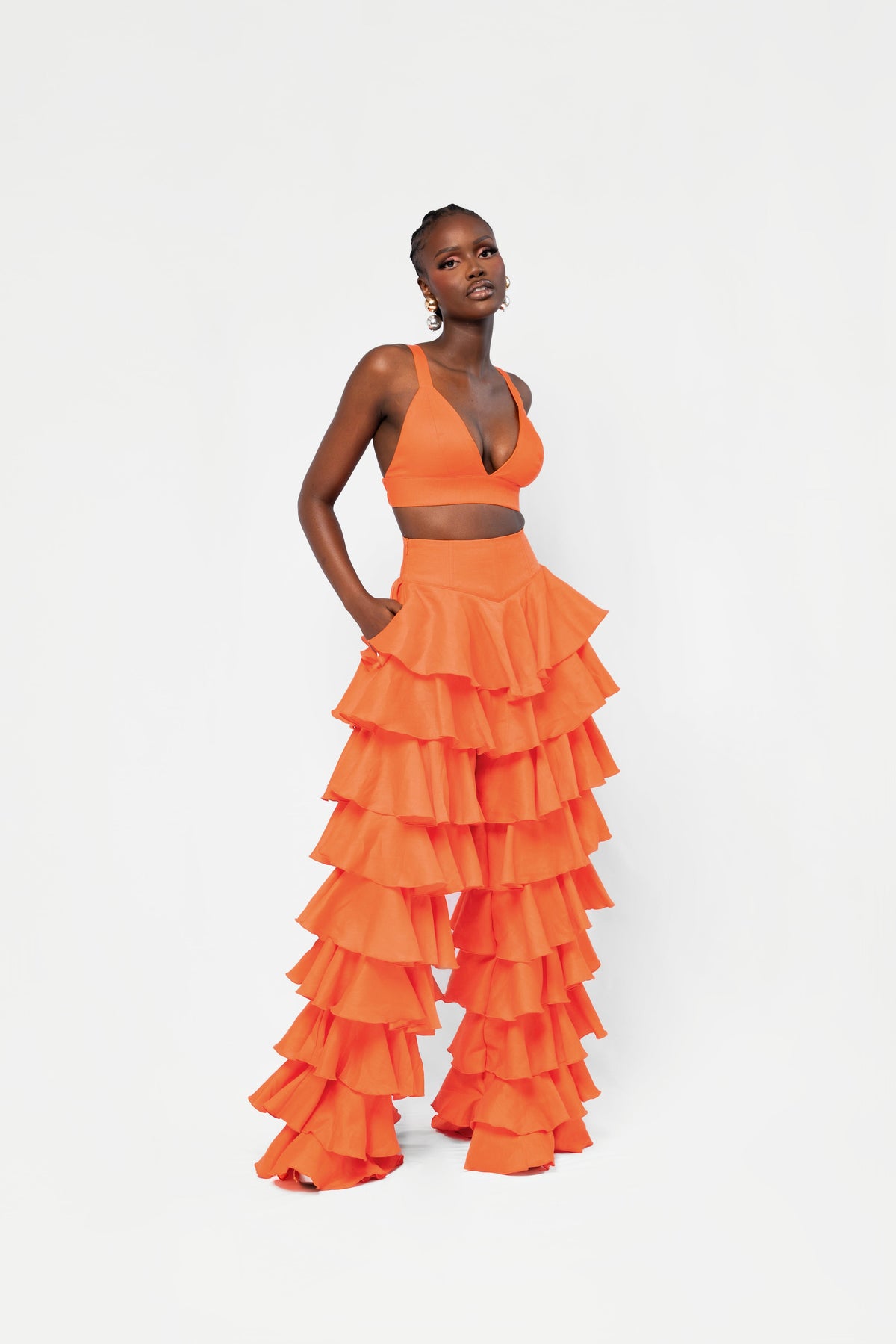 Linen DARIA Ruffle Pants in Orange