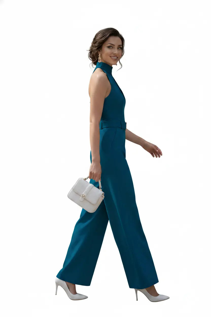 Ink Blue High-collar Jumpsuit – Gold Buckle