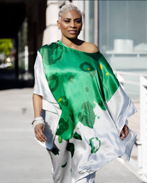 White Green Floral Expression Dolman Sleeve Dress