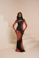 ENANG ORANGE LONG SLEEVE MAXI MESH DRESS