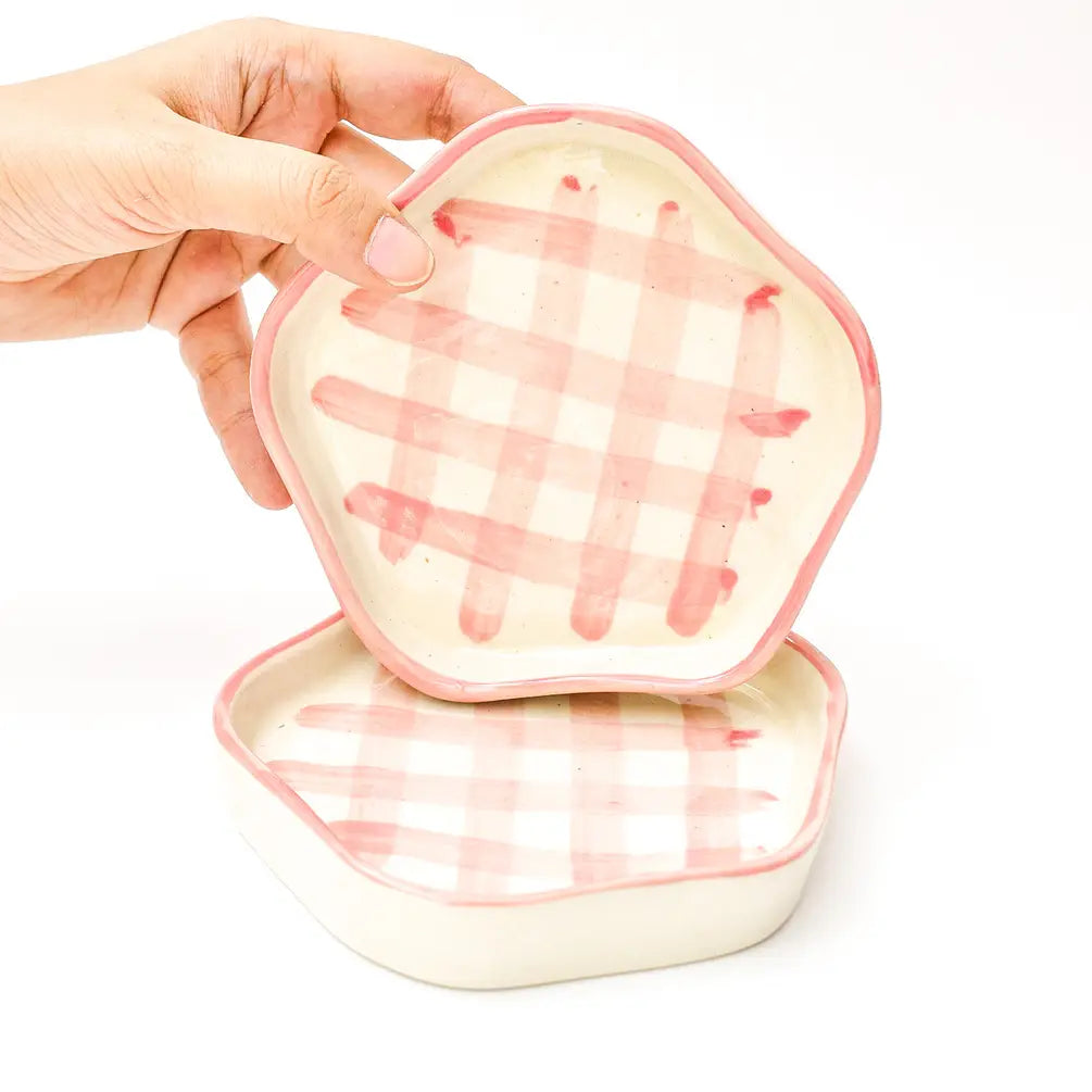 Ceramic Gingham Coasters - Pink Checkered , 4.7 Inches