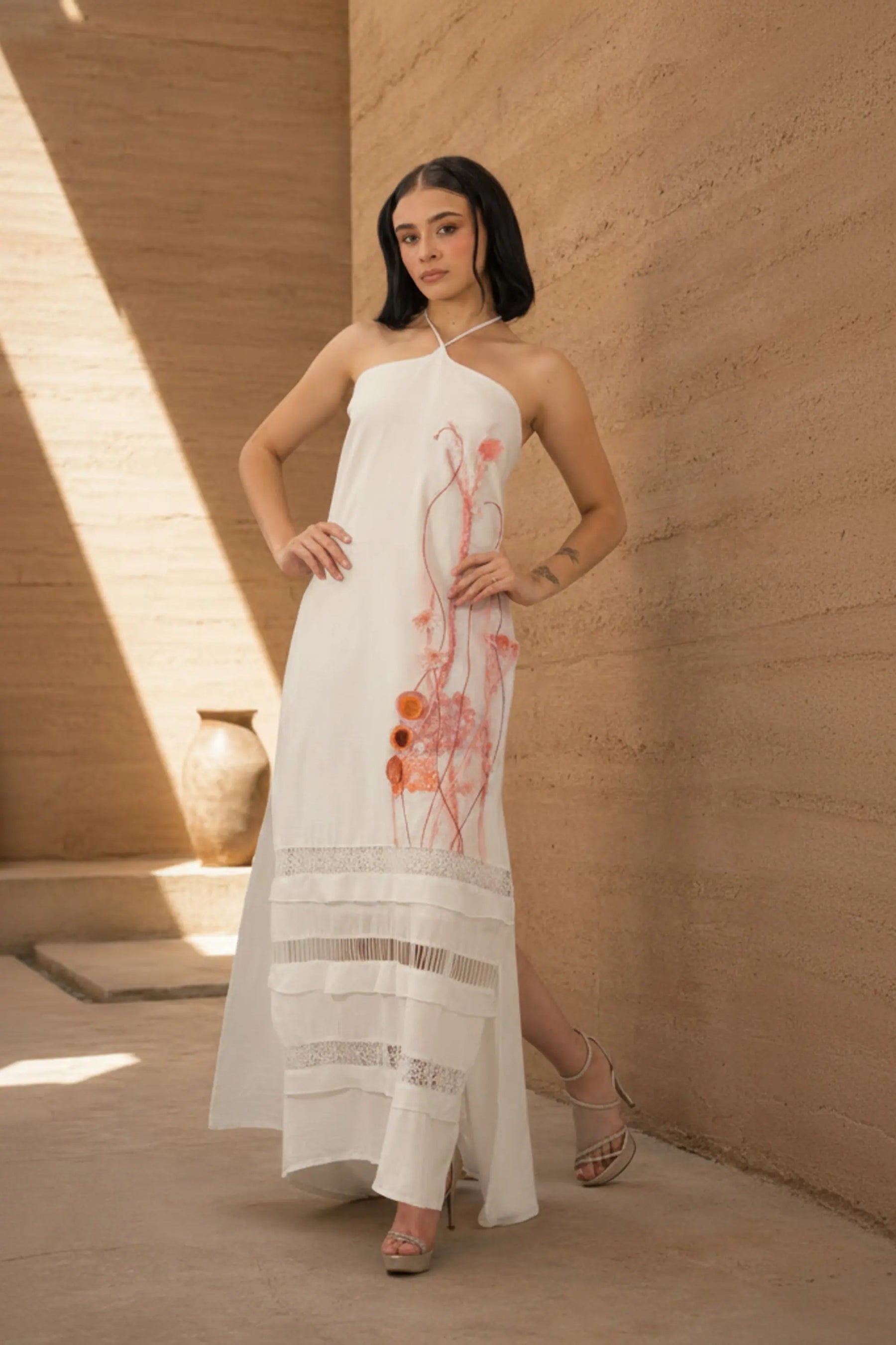 Ancestral Dawn by PASALUMAC – Halter Linen Maxi Dress with Hand-Embroidered and Painted Details