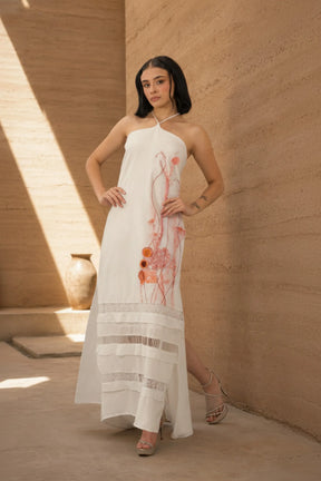 Ancestral Dawn by PASALUMAC – Halter Linen Maxi Dress with Hand-Embroidered and Painted Details