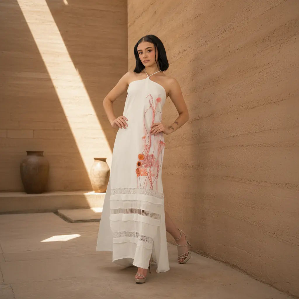 Ancestral Dawn by PASALUMAC – Halter Linen Maxi Dress with Hand-Embroidered and Painted Details