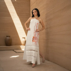 Ancestral Dawn by PASALUMAC – Halter Linen Maxi Dress with Hand-Embroidered and Painted Details
