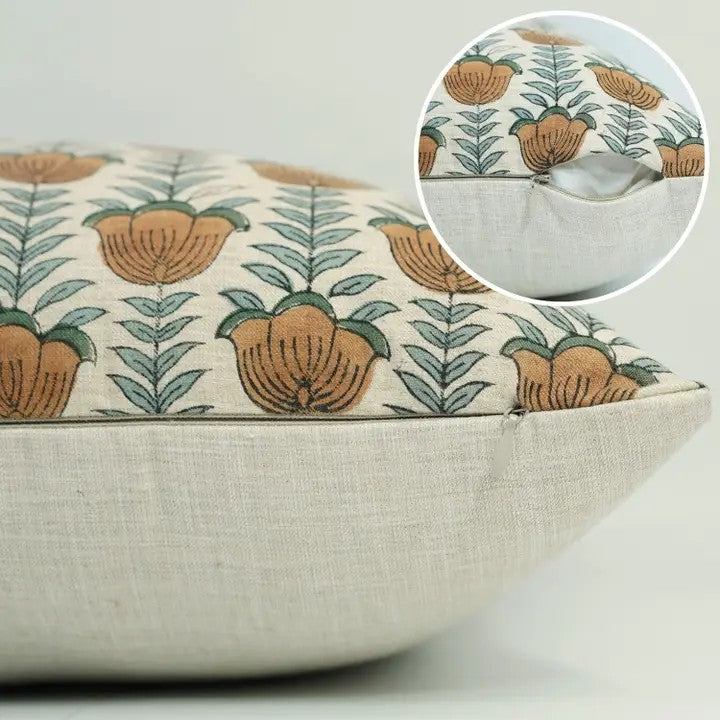 Unique Block Print Linen Blend Pillow Cover - Lotus