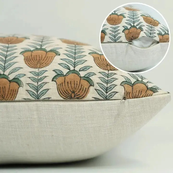 Unique Block Print Linen Blend Pillow Cover - Lotus