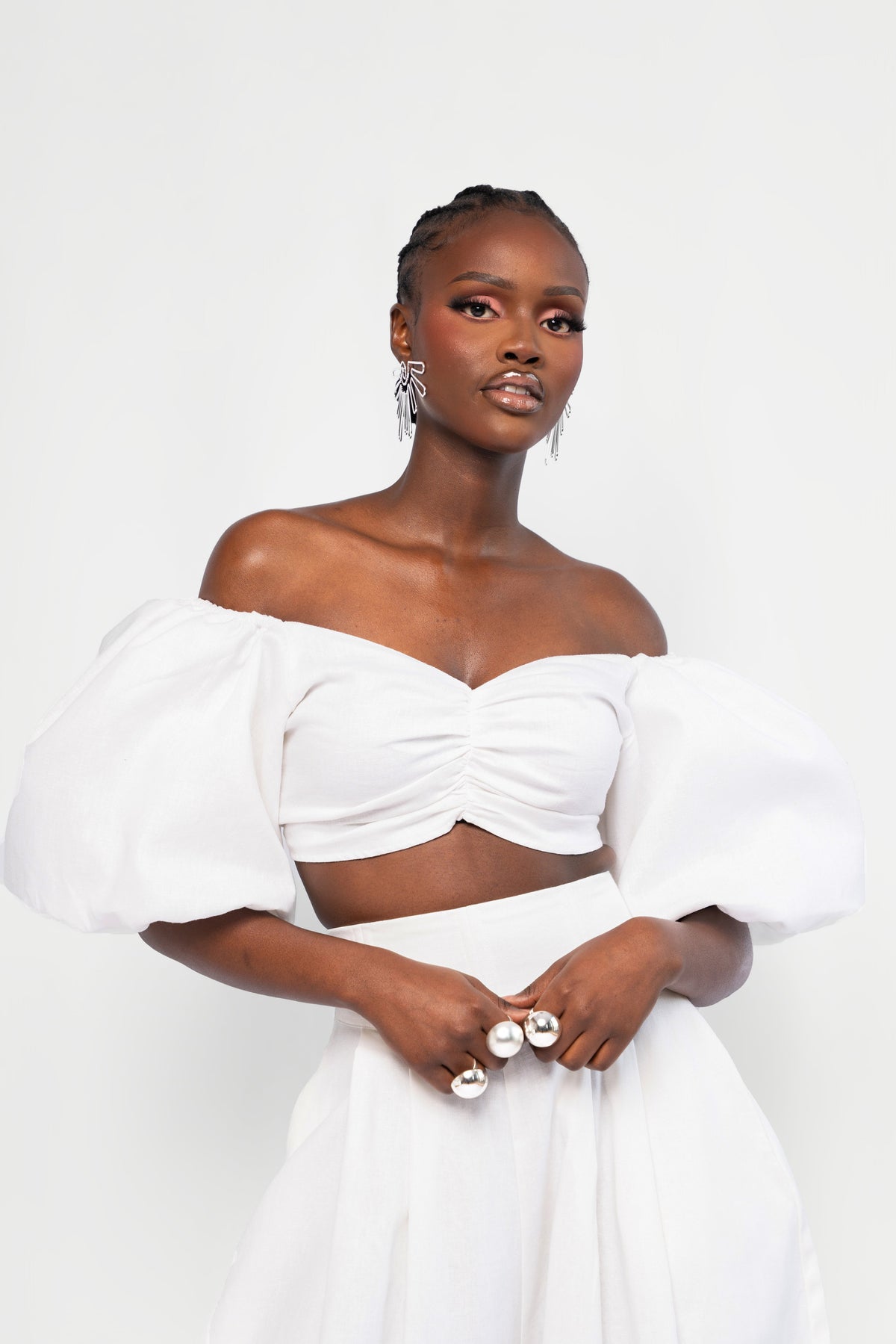 Linen SKYE Puffy Sleeve Crop Top in White