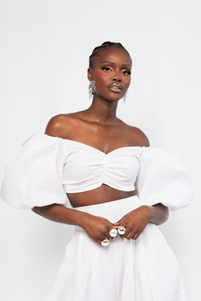 Linen SKYE Puffy Sleeve Crop Top in White