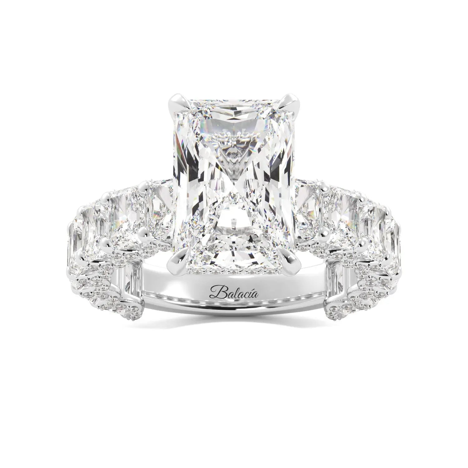 Radiant Cut Iced Out Engagement Ring With Radiant Cut Side Diamonds