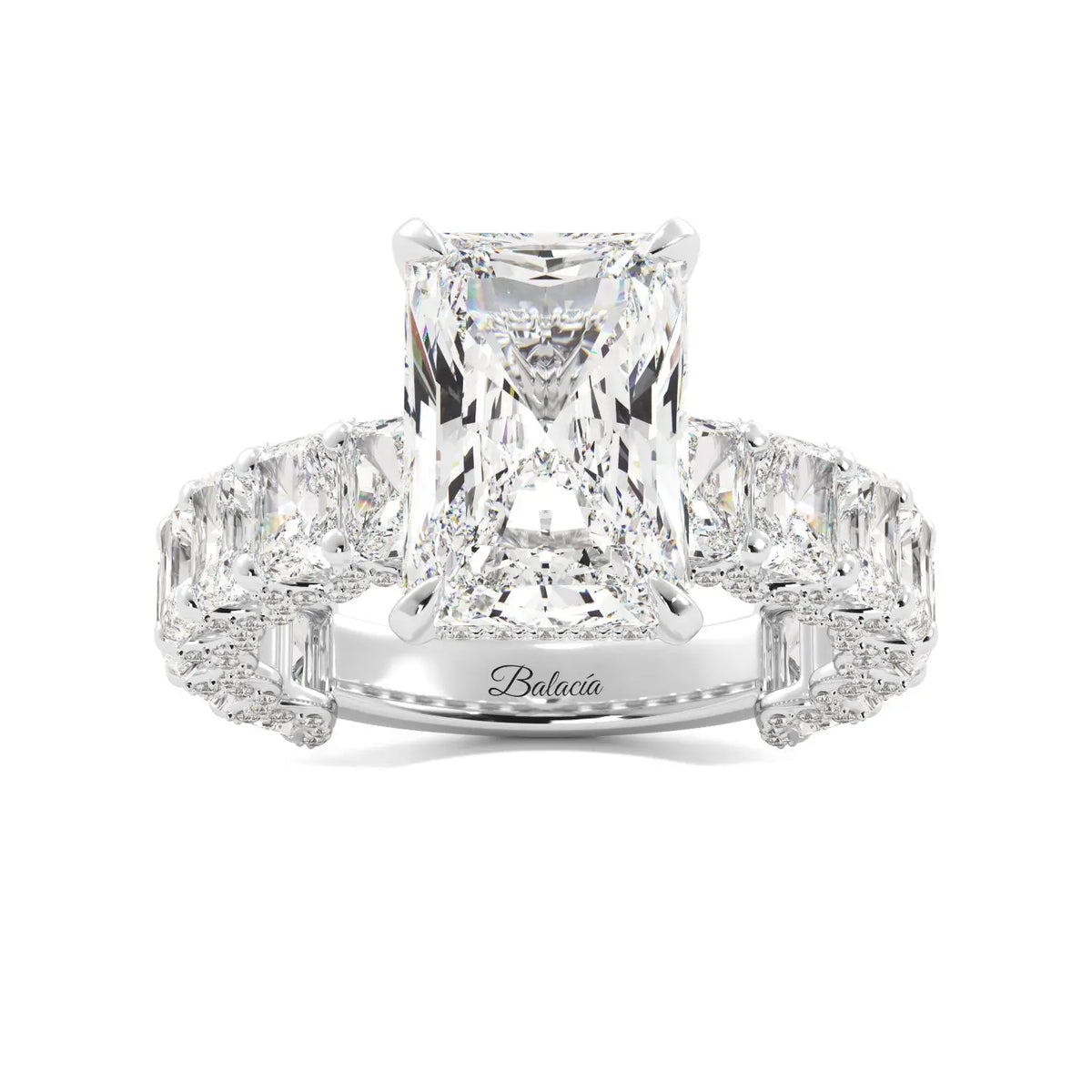 Radiant Cut Iced Out Engagement Ring With Radiant Cut Side Diamonds