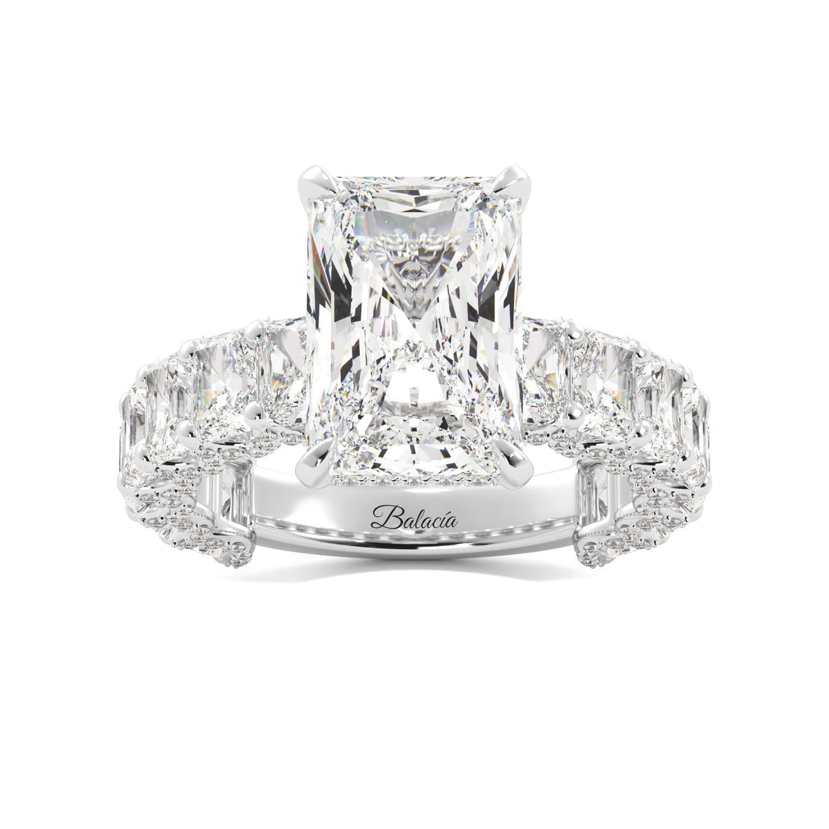Radiant Cut Iced Out Engagement Ring With Radiant Cut Side Diamonds