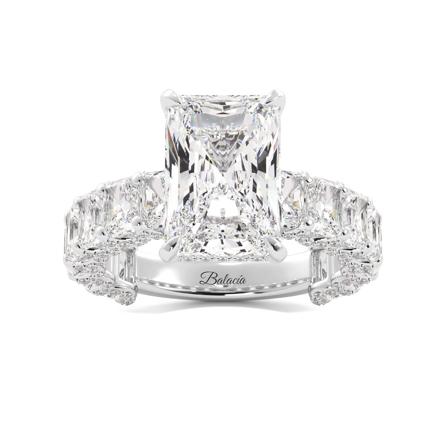 Radiant Cut Iced Out Engagement Ring With Radiant Cut Side Diamonds