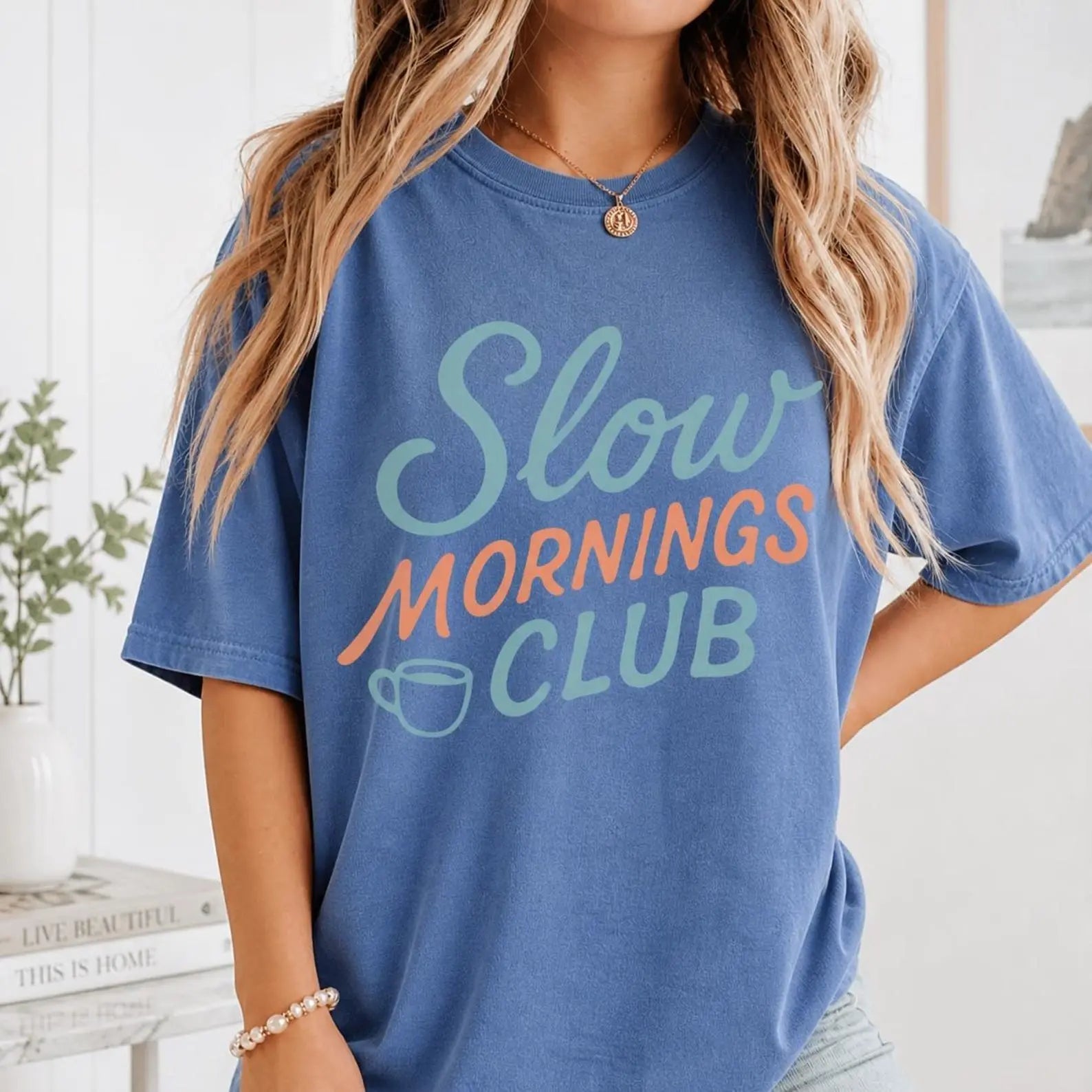 Slow Mornings Club Coffee Graphic T-Shirt | Retro Washed Blue Oversized Cotton Tee
