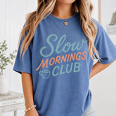 Slow Mornings Club Coffee Graphic T-Shirt | Retro Washed Blue Oversized Cotton Tee