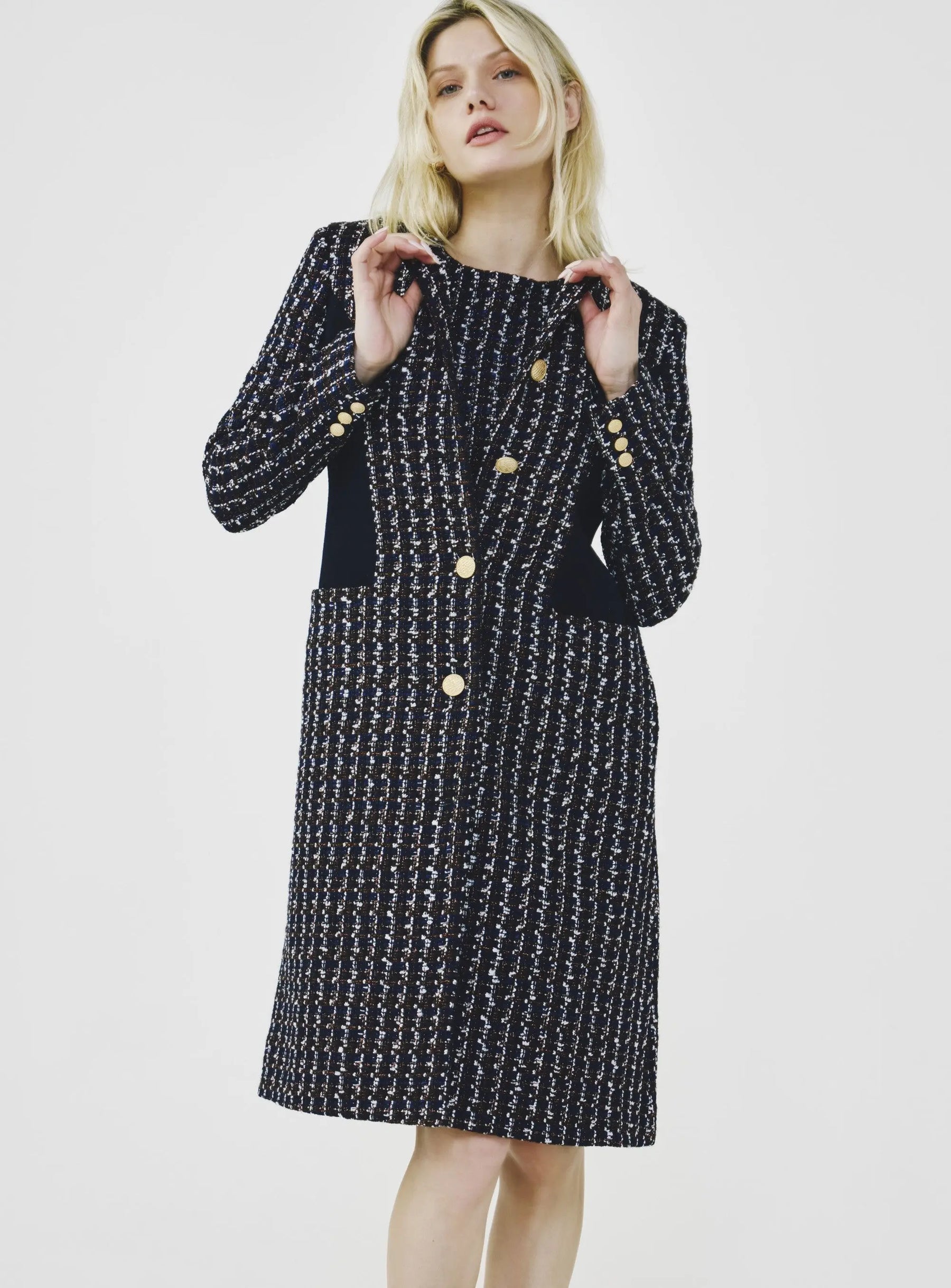 Paneled No-Collar Tweed Coat