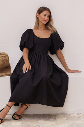 Cherie Puff Sleeve Midi Dress - Black