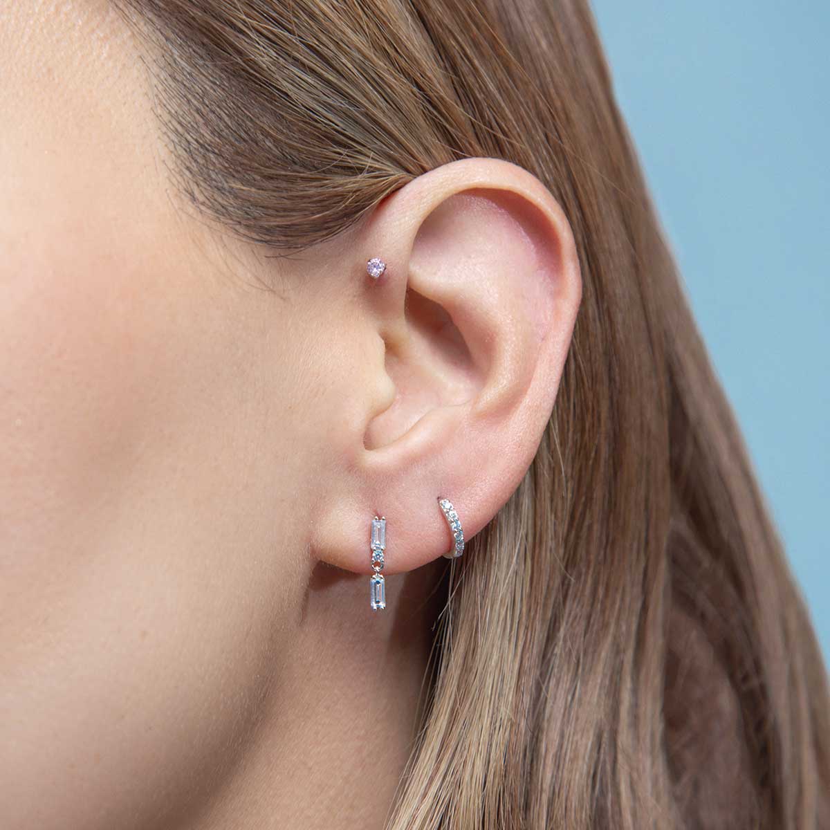 Double Pave Gold Baguette Stud Layering Earring