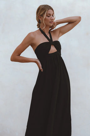 Penelope Halter Linen Maxi Dress - Black