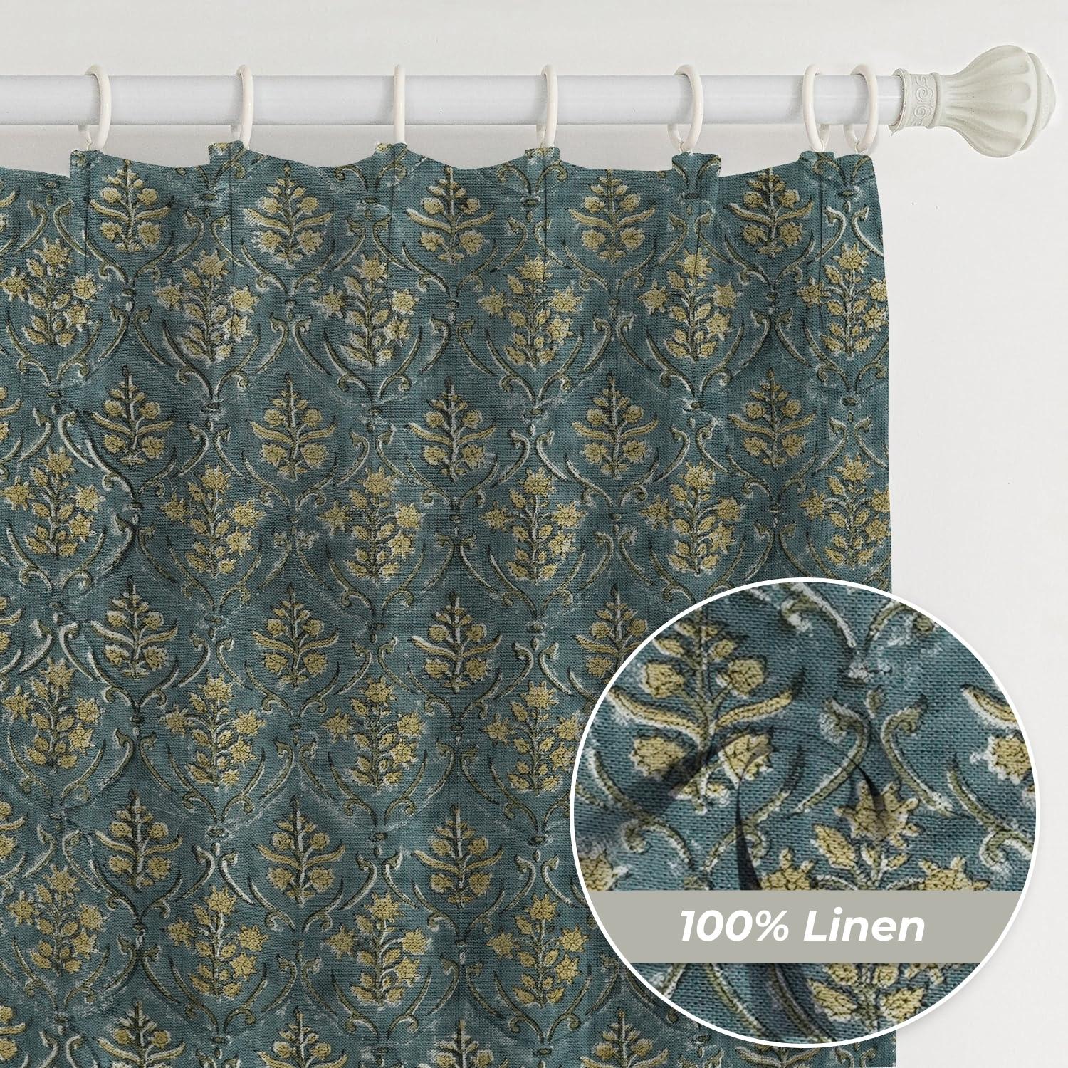 Floral Stylish Hand Block Printed Thick Linen Pleated Curtain-vishal Pusph