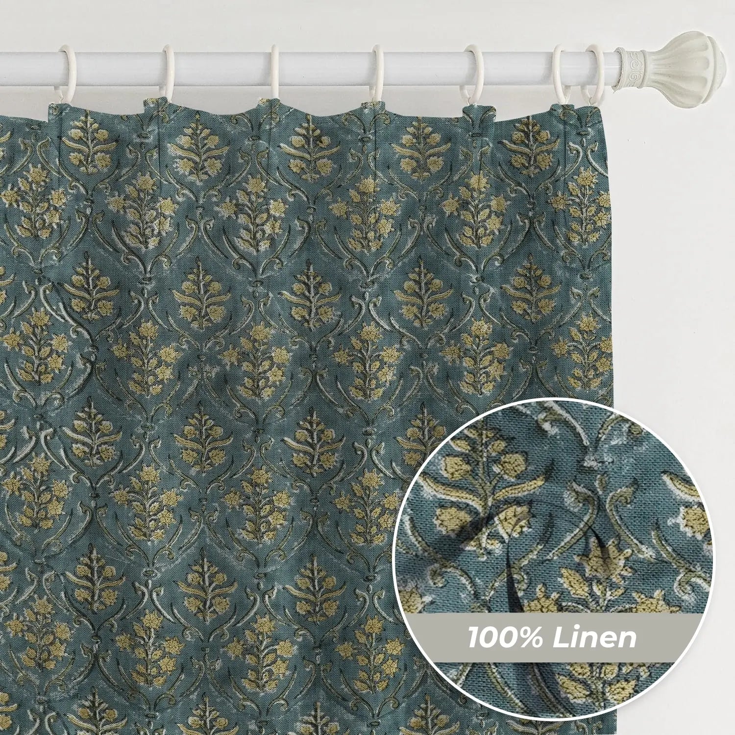 Floral Stylish Hand Block Printed Thick Linen Pleated Curtain-vishal Pusph