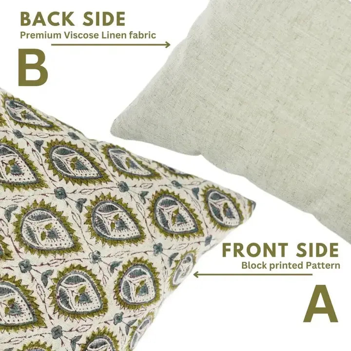 Natural Handmade Block Print Viscose Linen Pillow Cover - Pan Patti