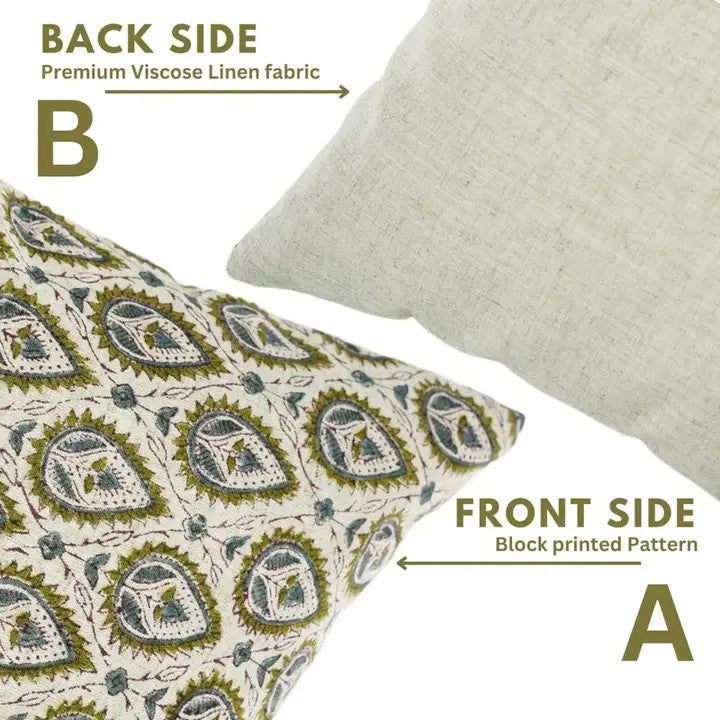Natural Handmade Block Print Viscose Linen Pillow Cover - Pan Patti